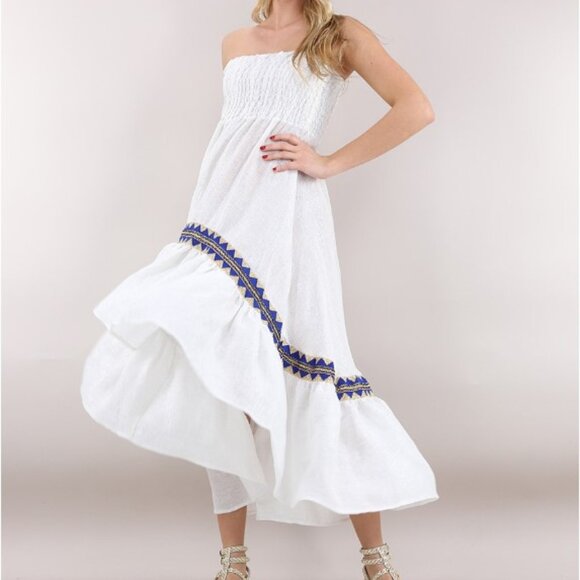 PHO Firenze High-low Maxi Dress Lurex Linen Shirred Bodice - Picture 1 of 10